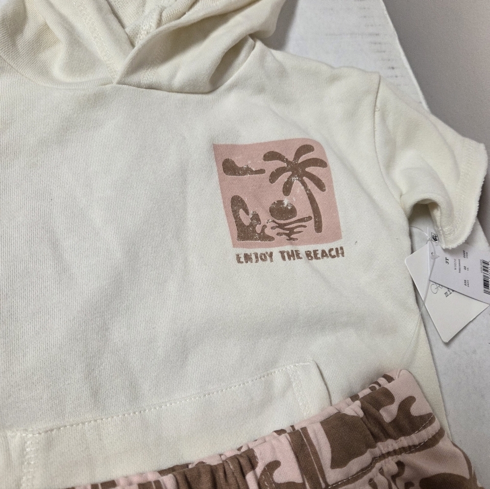Grayson Mini 3T Two-Piece Set – Cream Short-Sleeve Hoodie & Pink Palm Tree Print - Picture 4 of 7